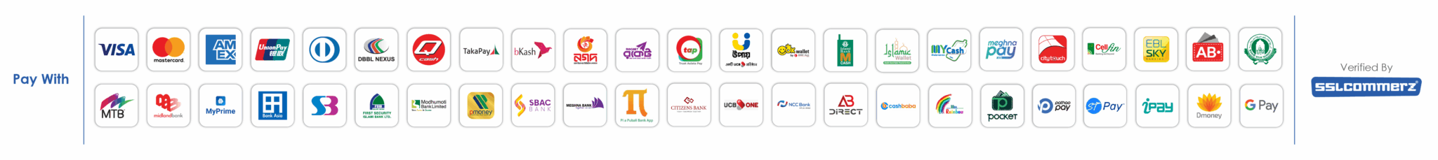 Pay with – cards, mobile banking and internet banking. Verified by SSLCOMMERZ